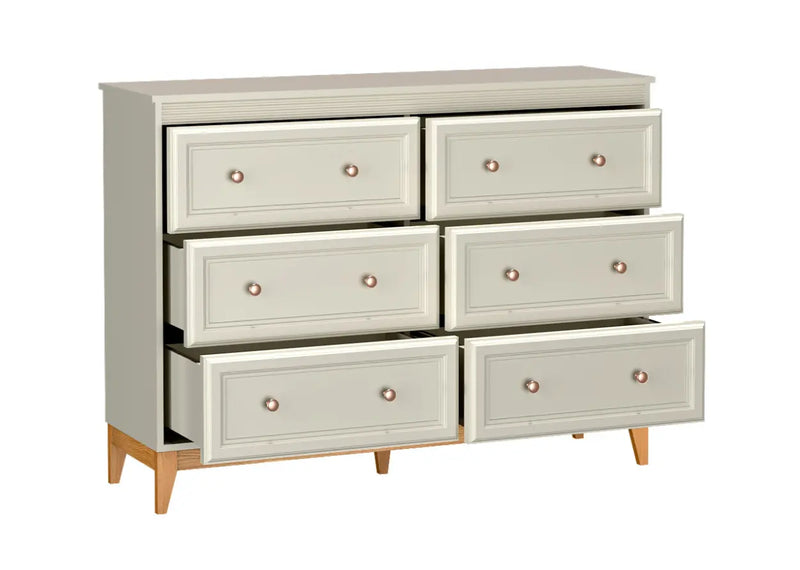 Komoda Windsor 03 kaszmir+dąb z otwartymi szufladami. Heydoo.pl