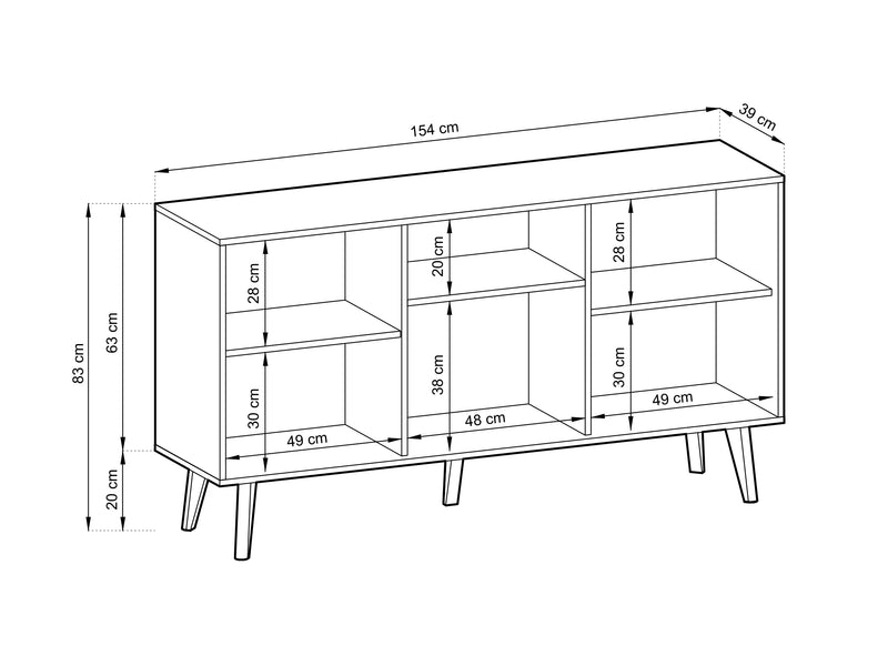 Schemat wymiarów komody Wild K.AC154, z podanymi dokładnymi wymiarami w centymetrach