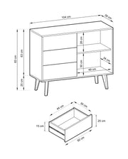 Schemat wymiarów komody Wild AC104, z podanymi dokładnymi wymiarami w centymetrach