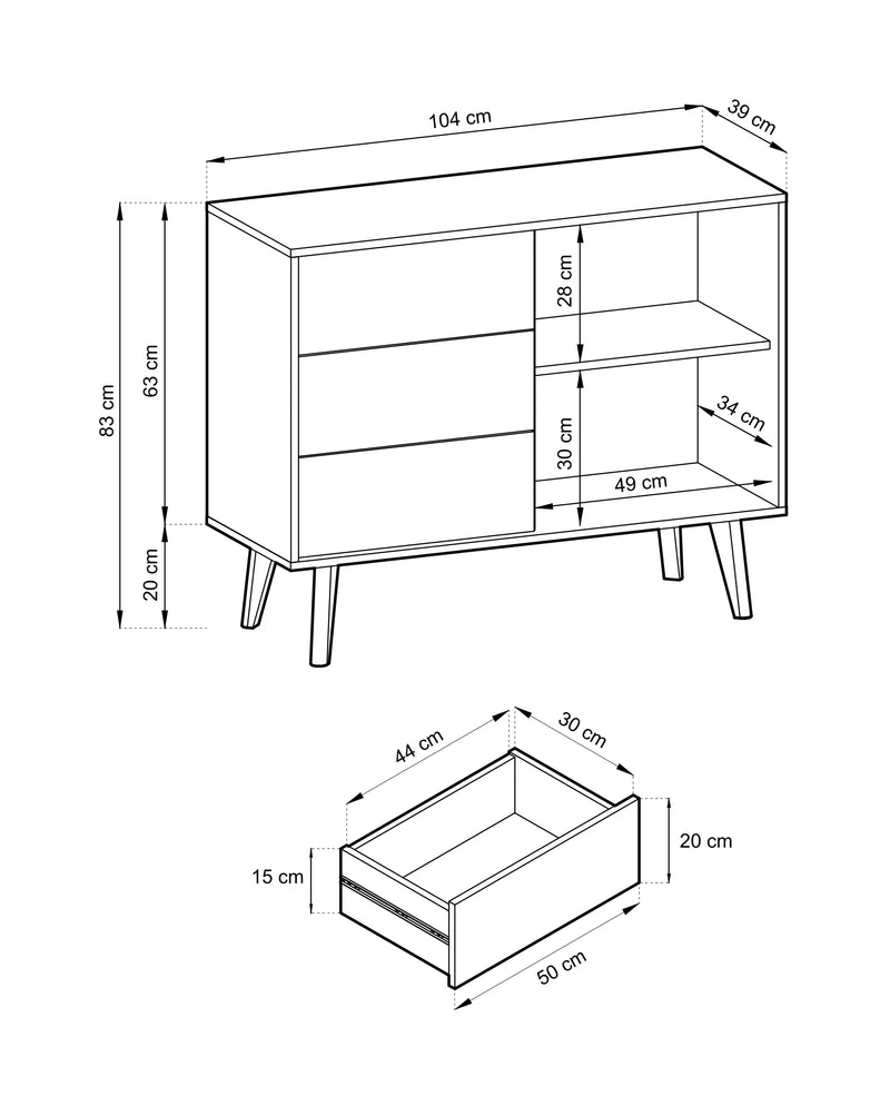 Schemat wymiarów komody Wild AC104, z podanymi dokładnymi wymiarami w centymetrach