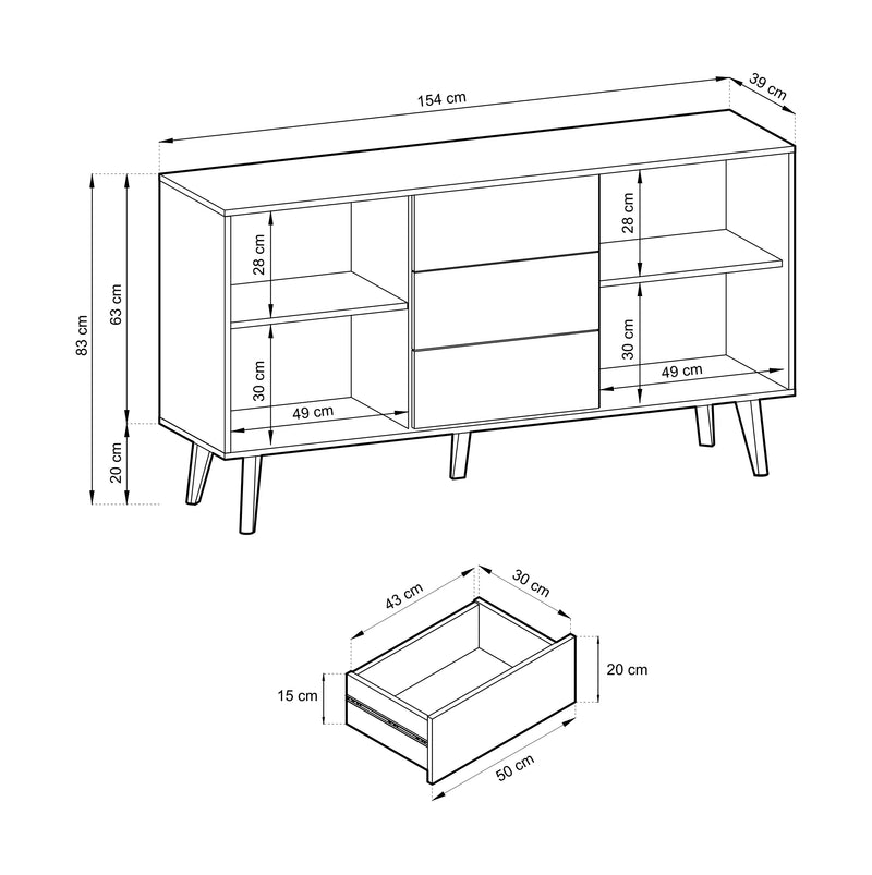 Schemat wymiarów komody Wild AC154 z szufladami, z podanymi dokładnymi wymiarami w centymetrach