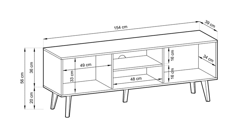 Schemat wymiarów szafki RTV AC145 z kolekcji Wild, podane dokładne wymiary w centymetrach
