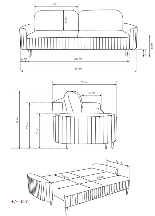 Bordowa sofa rozkładana Veran wymiary