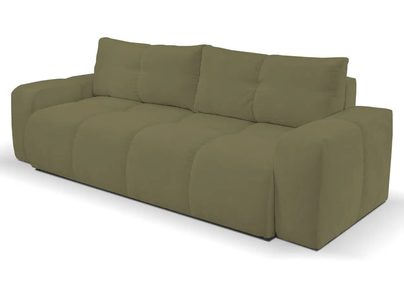 Zielona sofa z pikami i pojemnikiem na pościel