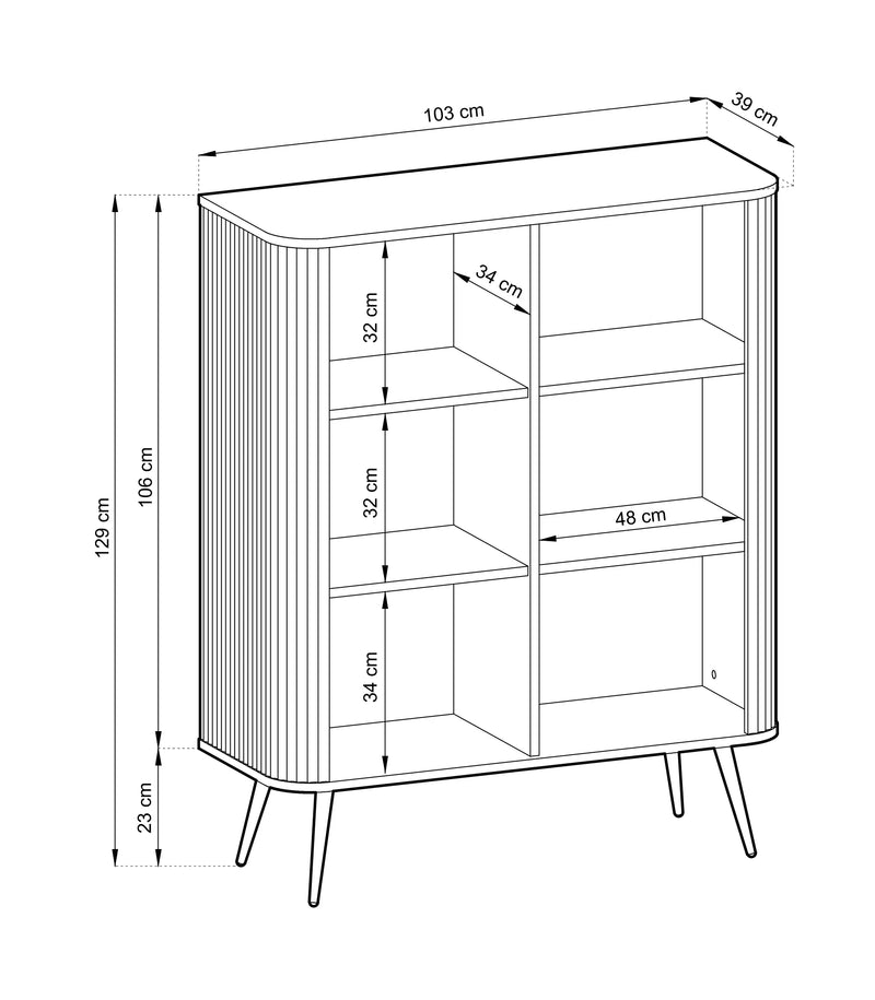 Rysunek techniczny komody Zoja K.B103 z wymiarami i szczegółami konstrukcyjnymi.
