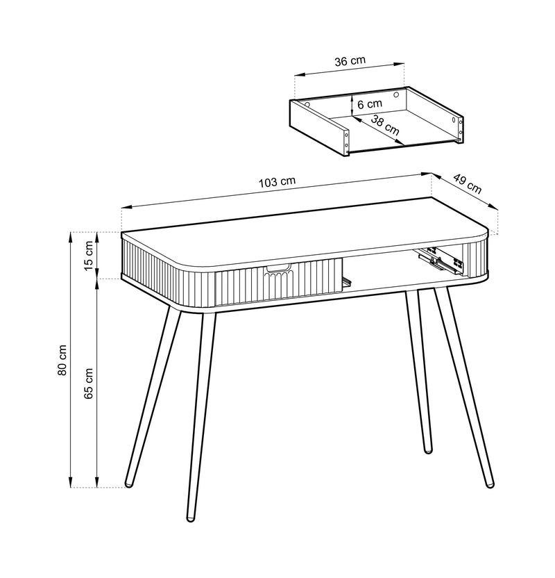 Szkic techniczny toaletki Zoja T.B103 z wymiarami.