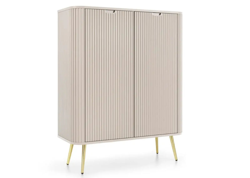 Kaszmirowa komoda do salonu, z dużą ilością półek na złotych nóżkach