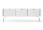 Biały stolik rtv z trzema szufladami na złotych nogach