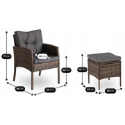 Wymiary fotela i pufy z technorattanu w zestawie mebli ogrodowych ARTE w kolorze brązowym