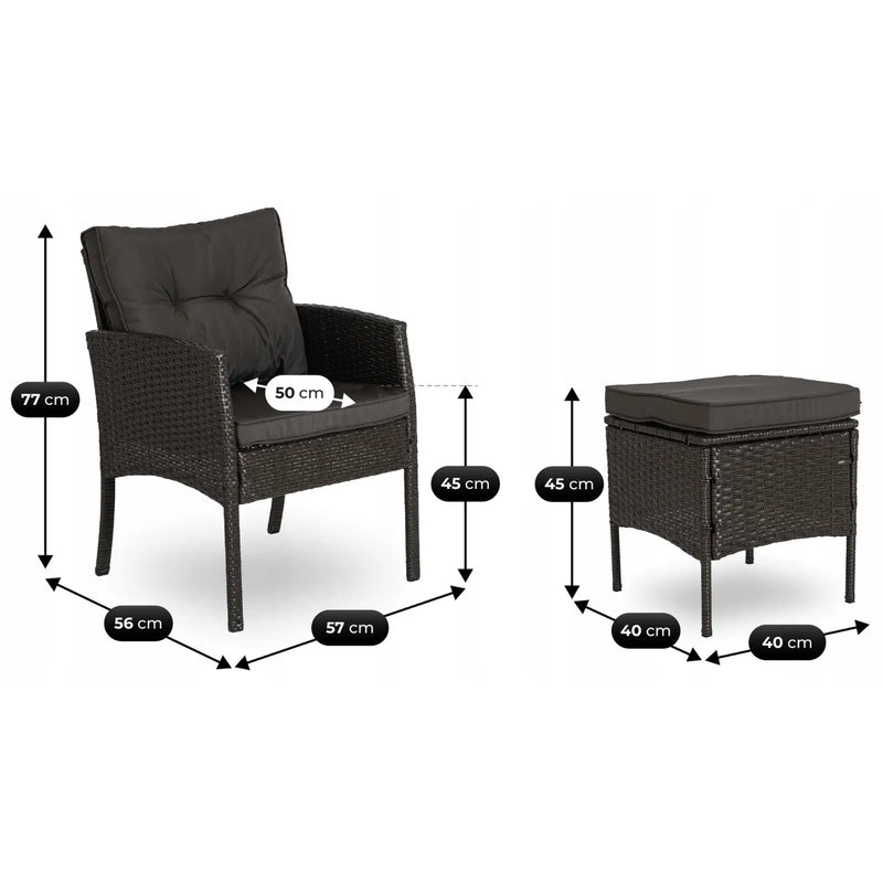 Wymiary fotela i pufy w zestawie mebli ogrodowych ARTE z technorattanu