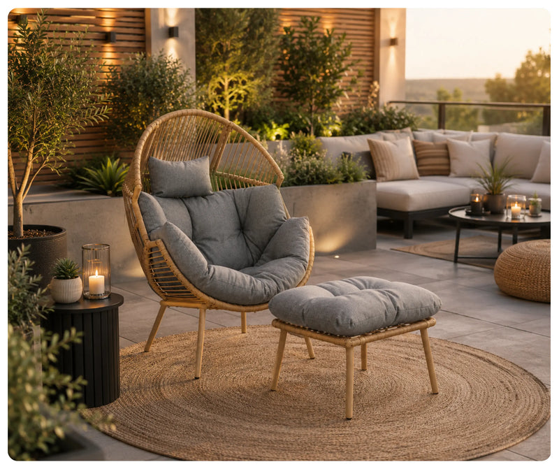 Nowoczesny fotel ogrodowy z podnóżkiem Casi Plus z technorattanu i szarymi poduszkami na stylowym tarasie w aranżacji boho outdoor