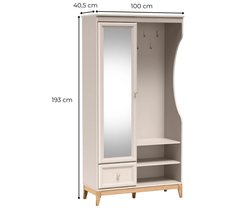 Garderoba Windsor kaszmir z lustrem – wymiary zewnętrzne: szerokość 100 cm, wysokość 193 cm, głębokość 40,5 cm.