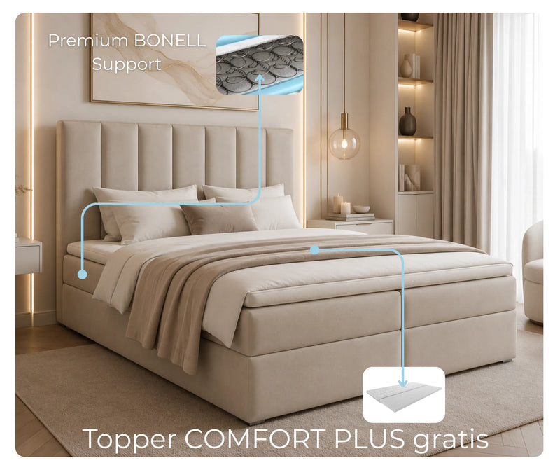 Łóżko kontynentalne Idream Box beżowe z materacem bonellowym i topperem Comfort Plus gratis