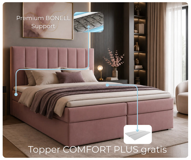 Różowe łóżko kontynentalne Idream Box z materacem bonellowym i topperem Comfort Plus gratis