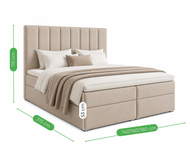 Wymiary łóżka kontynentalnego Idream Box z panelowym wezgłowiem – wysokość 115 cm, długość 215 cm