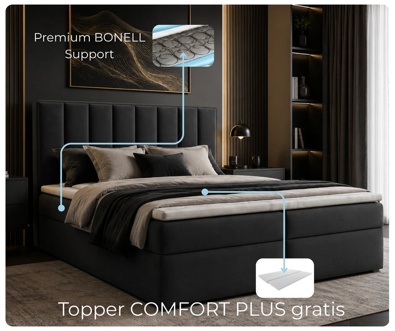 Łóżko kontynentalne iDream Riviera 100 z topperem Comfort Plus i sprężynami Bonell – czarna tkanina