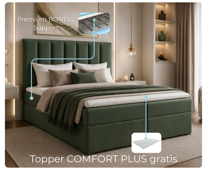 Łóżko kontynentalne iDream z topperem Comfort Plus i sprężynami Bonell – zielona tkanina Riviera 38