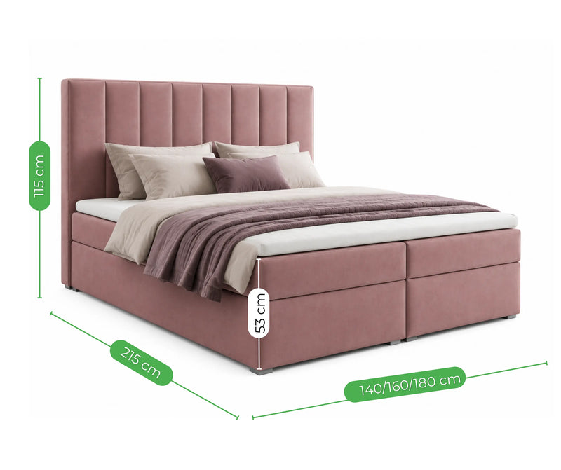 Wymiary łóżka kontynentalnego iDream Riviera 62 w kolorze różowym – wysokość 115 cm, długość 215 cm, szerokość 140/160/180 cm