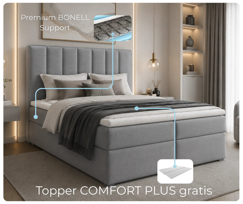 Łóżko kontynentalne iDream Riviera 80 w szarej tkaninie z materacem bonell i topperem Comfort Plus w nowoczesnej aranżacji sypialni
