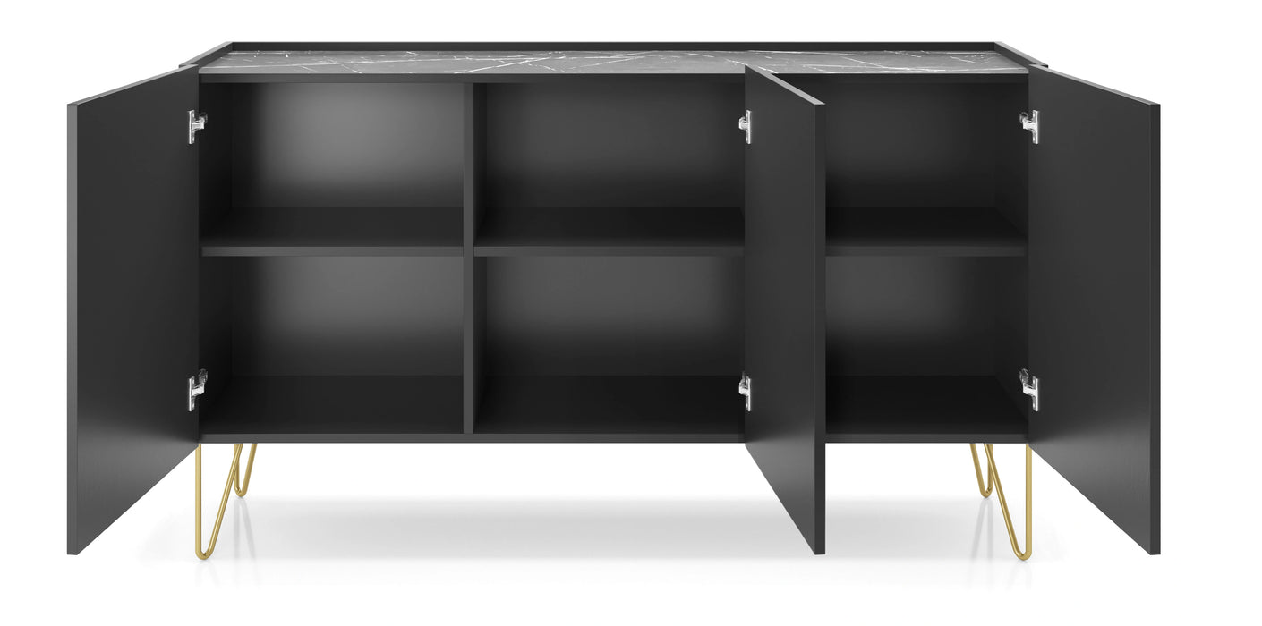 Czarna komoda Helios – elegancja z blatem w imitacji marmuru otwarta