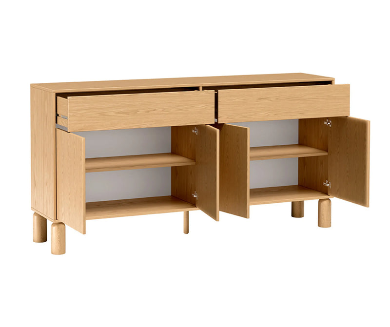 Otwarta komoda Sanden SN-1 180 cm w dekorze Dąb Bookmatch, z dwiema szufladami, czterema szafkami i półkam