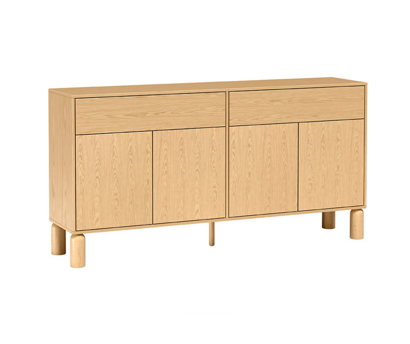 Komoda Sanden SN-1 180 cm w dekorze Dąb Bookmatch, widok perspektywiczny, cztery szafki i dwie szuflady.