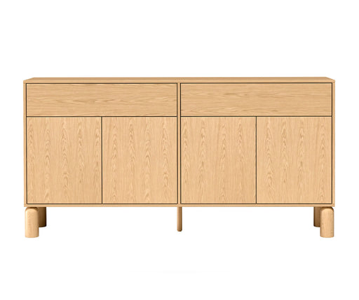 Komoda Sanden SN-1 180 cm w dekorze Dąb Bookmatch, widok z przodu, cztery szafki i dwie szuflady.