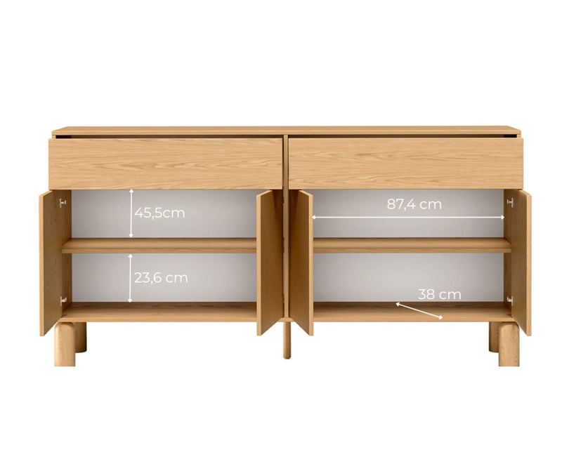 Wymiary wnętrza otwartej komody Sanden SN-1 180 cm – szerokość półki 87,4 cm, głębokość 38 cm oraz wysokość przestrzeni 45,5 i 23,6 cm.