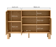 Wymiary wnętrza komody Sanden SN-2 140 cm – szerokość komór 44,5 i 90,6 cm, głębokość 38 cm oraz wysokości półek od 19 do 35,5 cm.