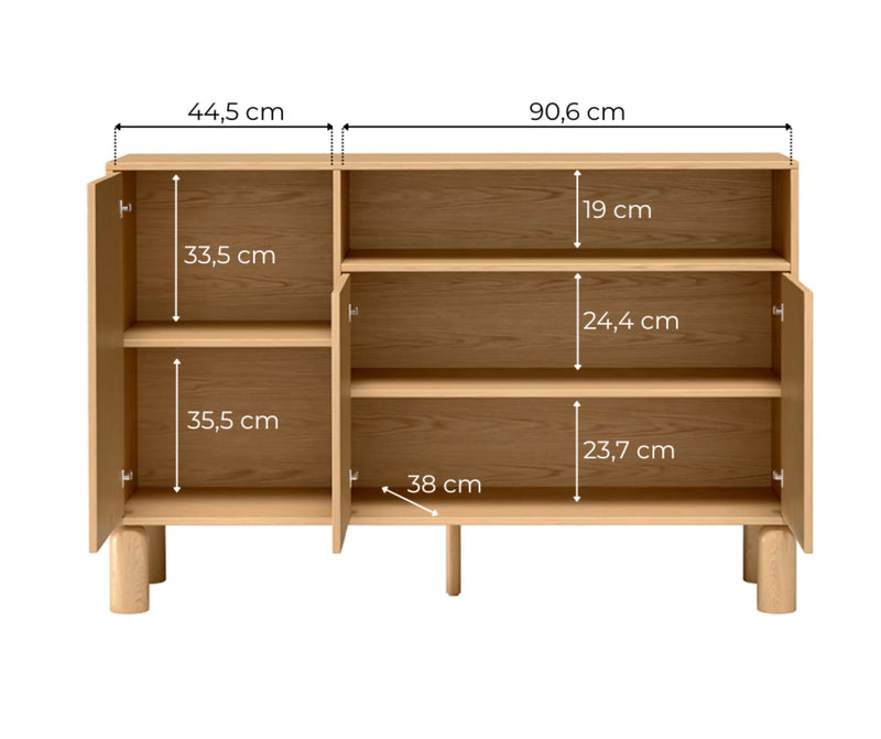 Wymiary wnętrza komody Sanden SN-2 140 cm – szerokość komór 44,5 i 90,6 cm, głębokość 38 cm oraz wysokości półek od 19 do 35,5 cm.