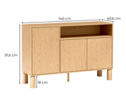 Wymiary komody Sanden SN-2: szerokość 140 cm, wysokość 91,6 cm, głębokość 40,6 cm oraz nóżki o wysokości 18 cm.