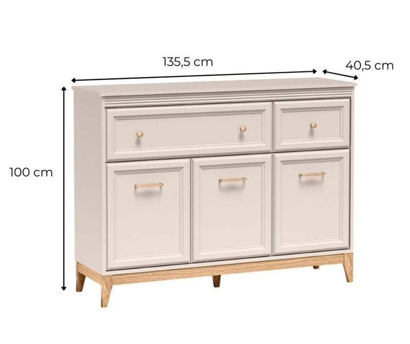 Wymiary komody Windsor 01 w kolorze kaszmir – szerokość 135,5 cm, wysokość 100 cm i głębokość 40,5 cm, schemat wymiarowy mebla