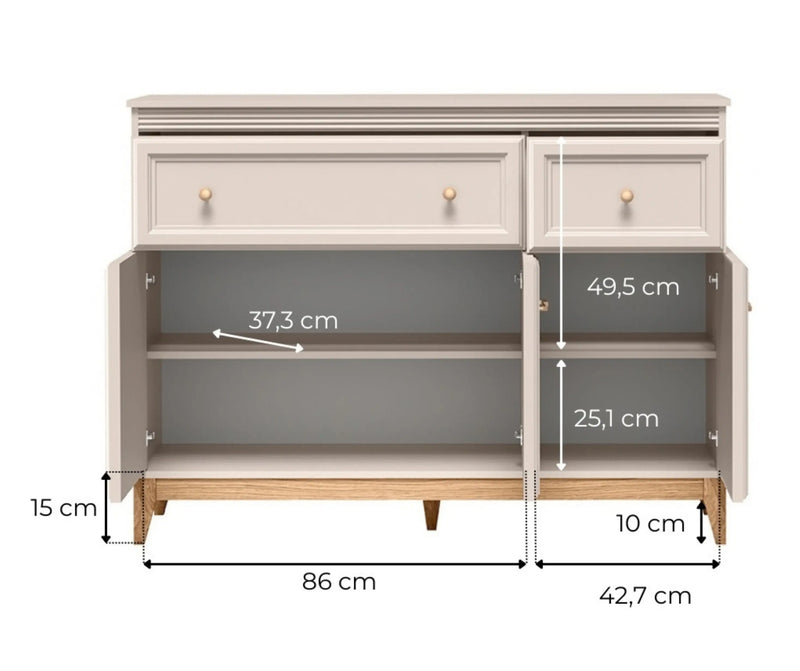 Komoda Windsor 01 kaszmir z otwartymi szafkami – schemat wymiarów wewnętrznych, szerokość sekcji 86 i 42,7 cm, głębokość półek 37,3 cm oraz wysokość nóg 15 cm