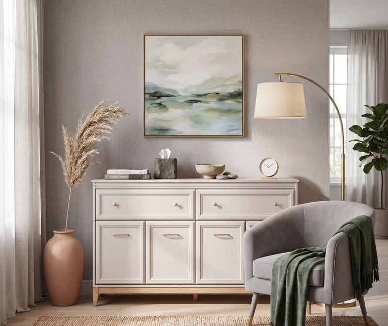 Komoda Windsor 02 w kolorze kaszmir w jasnym salonie – ozdobne listwy MDF na frontach, dębowe nogi, elegancki fotel i lampa podłogowa