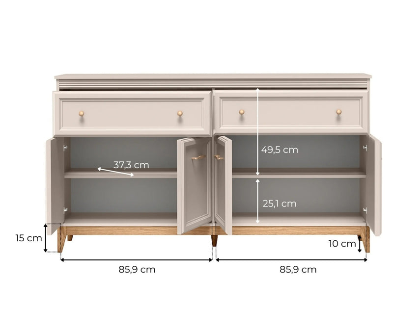 Komoda Windsor 02 kaszmir z otwartymi szafkami – schemat wymiarów wewnętrznych, dwie sekcje po 85,9 cm, głębokość półek 37,3 cm i dębowe nogi 15 cm