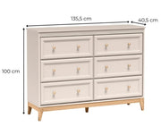 Komoda Windsor 03 z sześcioma szufladami – widok z ukosa z wymiarami: szerokość 135,5 cm, wysokość 100 cm, głębokość 40,5 cm