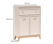 Komoda wysoka Windsor 04 kaszmir – szerokość 92 cm, wysokość 125,5 cm i głębokość 40,5 cm, widok pod kątem z oznaczonymi wymiarami