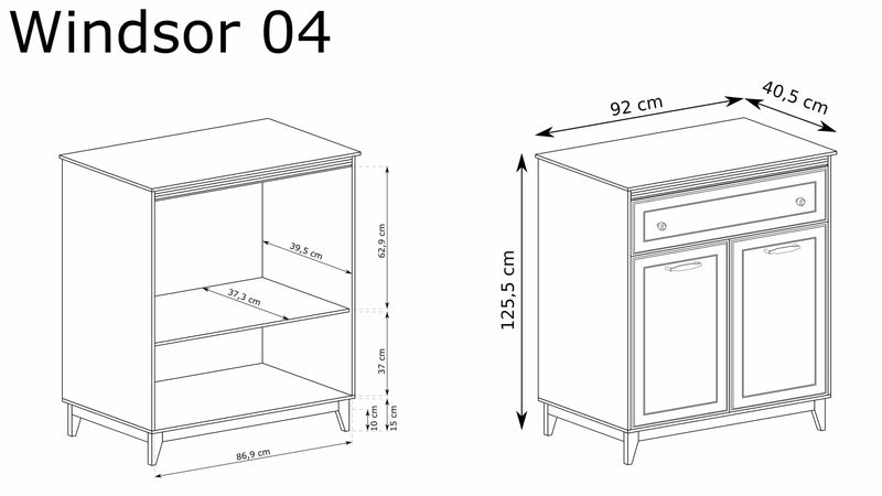 Komoda Windsor kaszmir wąska z szufladą i dwiema szafkami na drewnianych nogach wymiary 92 cm szerokości 40,5 cm głębokości 125,5 cm wysokości