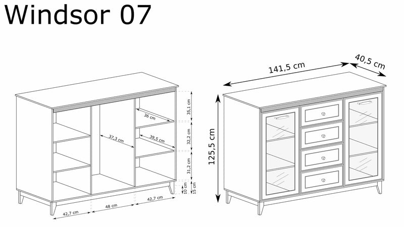Wymiary komody witryny Windsor 07 kaszmir z rysunkiem technicznym