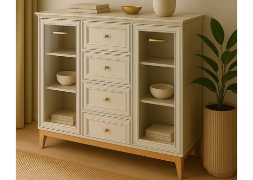 Komoda witryna Windsor kaszmir z przeszklonymi półkami i szufladami w aranżacji