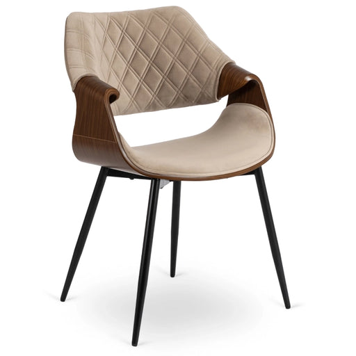 krzesło DIUNA beżowe welurowe z podłokietnikami, sklejka gięta orzech, czarne metalowe nogi, nowoczesne krzesło do jadalni
