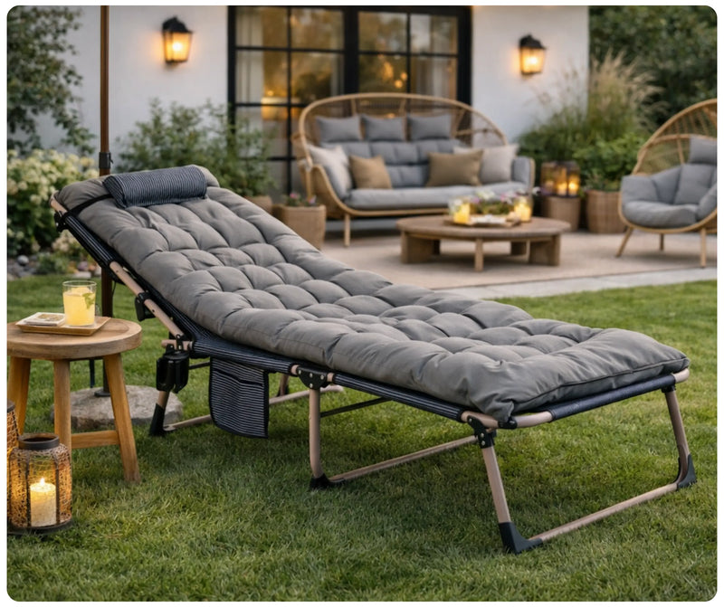 Leżak ogrodowy składany Sundey z poduszką w ogrodzie
