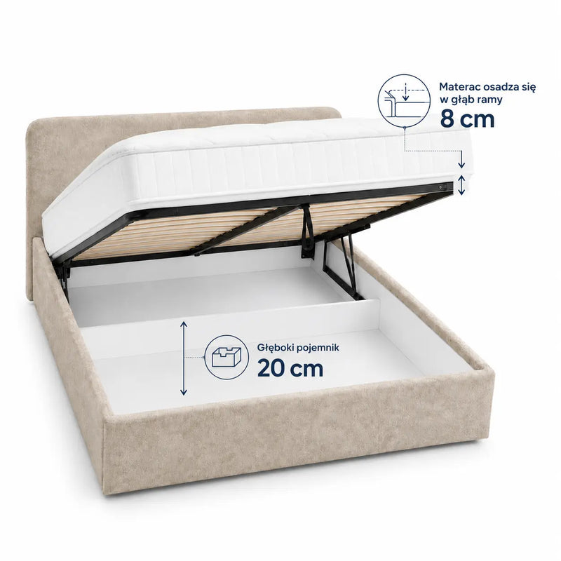 Beżowe łóżko tapicerowane Ivi 160x200 z pojemnikiem 20 cm i materacem osadzonym 8 cm w ramie