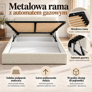 Beżowe łóżko IVI 160×200 z otwartym pojemnikiem na pościel i podniesionym metalowym stelażem. Zbliżenia ramy, drewnianych listew i podnośnika gazowego.