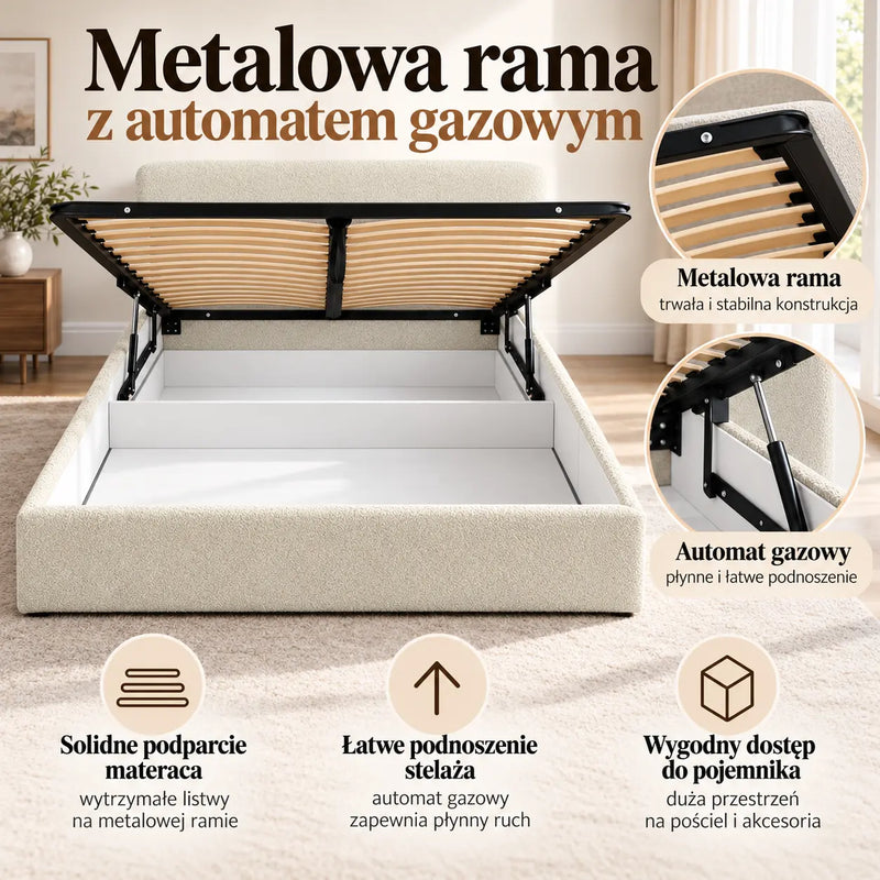 Beżowe łóżko IVI 160×200 z otwartym pojemnikiem na pościel i podniesionym metalowym stelażem. Zbliżenia ramy, drewnianych listew i podnośnika gazowego.