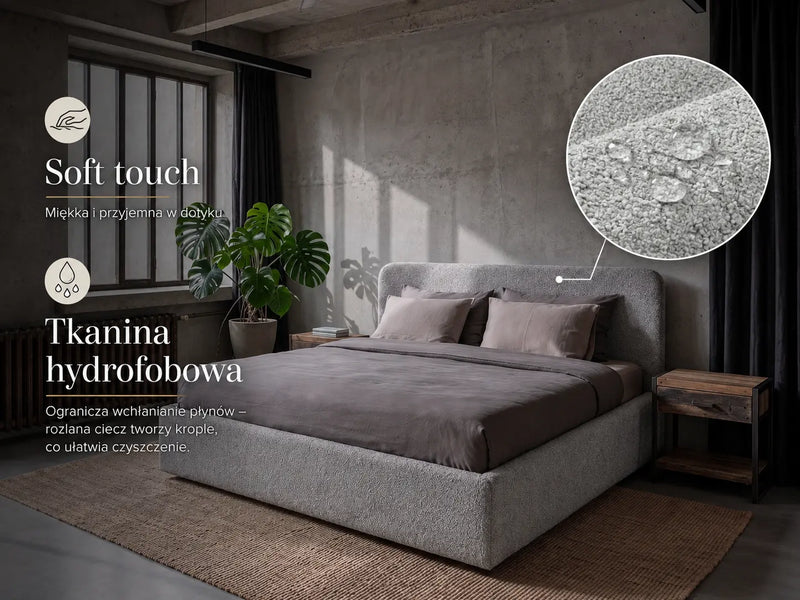 Ciepłe szare łóżko tapicerowane Ivi 160x200 w tkaninie bouclé Fredo – miękka tkanina hydrofobowa soft touch