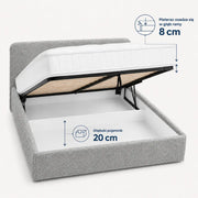 Ciepłe szare łóżko tapicerowane Ivi 160x200 z pojemnikiem 20 cm i materacem osadzonym 8 cm w ramie