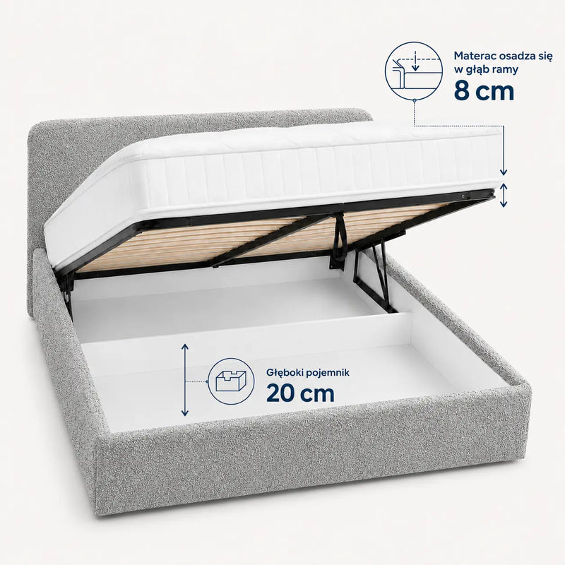 Ciepłe szare łóżko tapicerowane Ivi 160x200 z pojemnikiem 20 cm i materacem osadzonym 8 cm w ramie