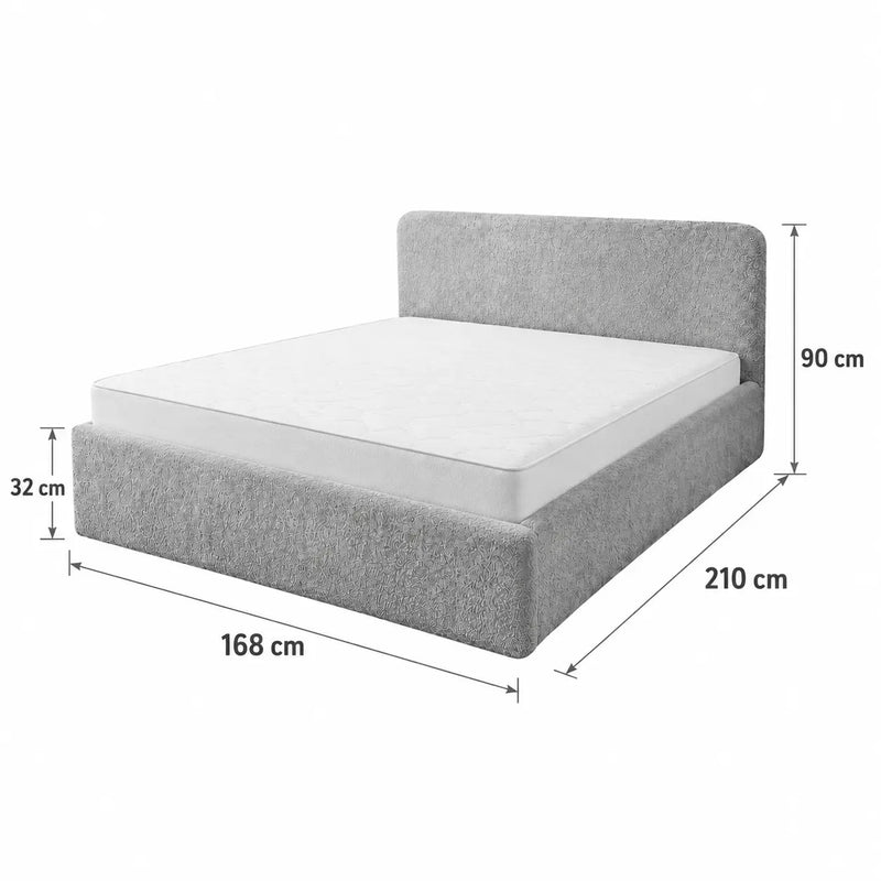 Wymiary ciepłego szarego łóżka tapicerowanego Ivi 160x200 – szerokość 168 cm, długość 210 cm, zagłówek 90 cm i boki 32 cm
