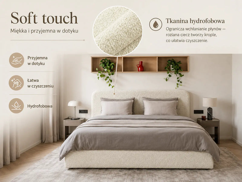 Łóżko tapicerowane Ivi 160x200 ecru w tkaninie bouclé Fredo – miękka, przyjemna w dotyku i hydrofobowa tapicerka